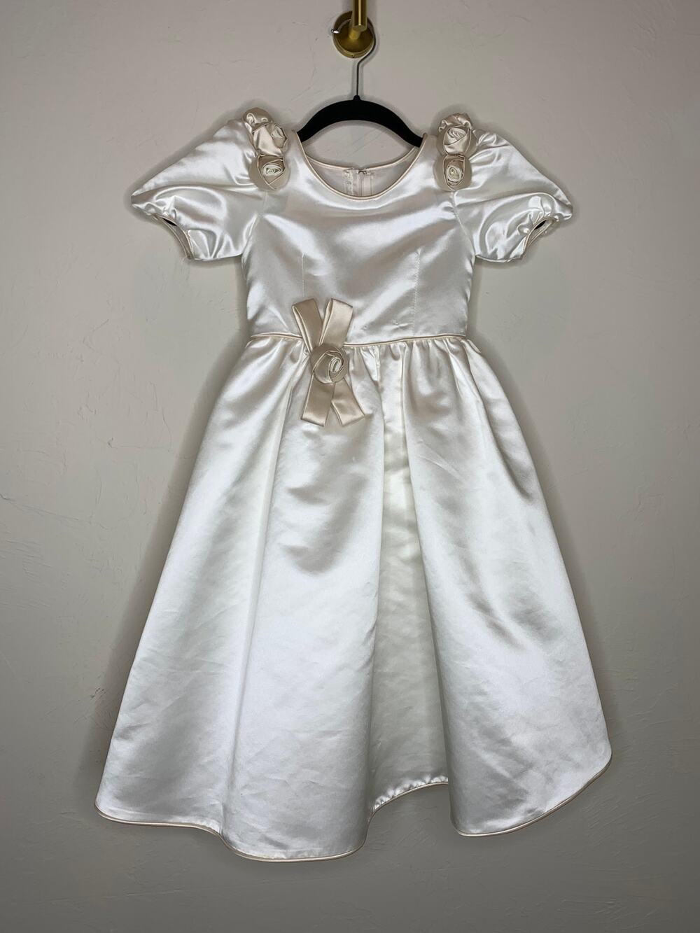 Flower Girl Cream Rosette Embellish Dress Gown Sz 3 Satin Full Wedding